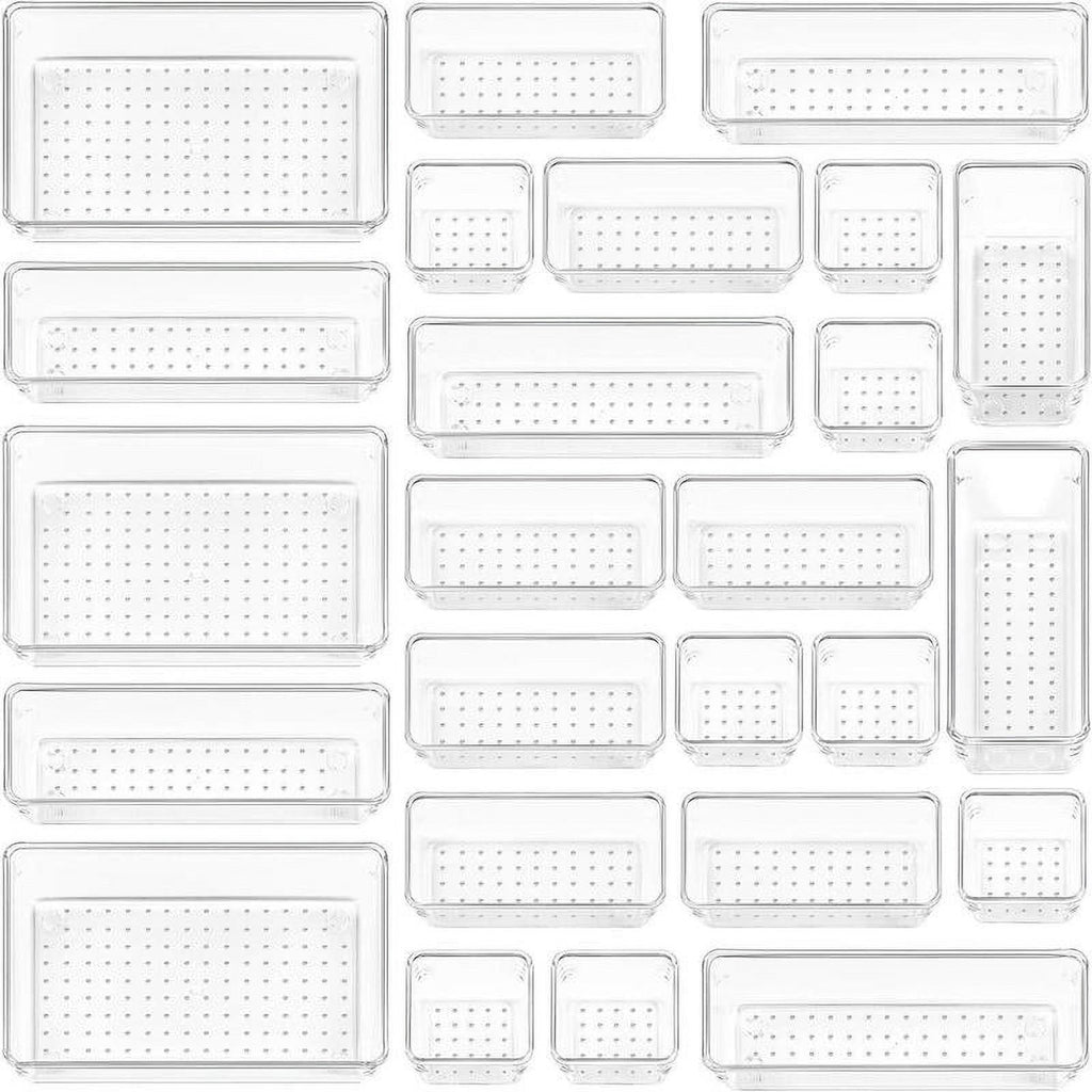 25 Count Clear Plastic Drawer Organizers Set, 4-Size Storage Bins F1185