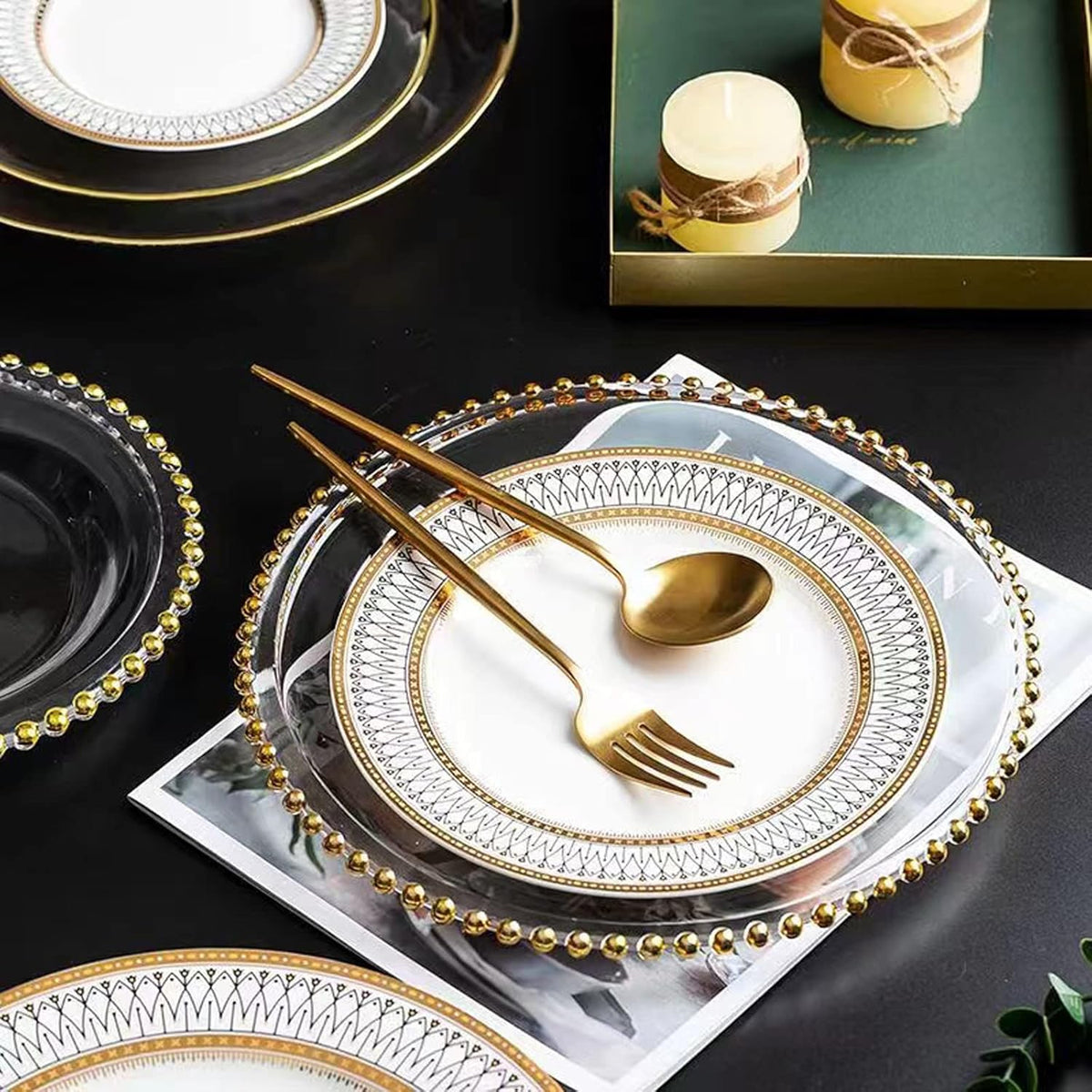 6 Pcs Clear Acrylic Charger Plates with Gold Bead I418