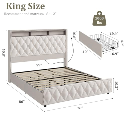 Queen Velvet Upholstered Bed Frame with 4 Storage Drawers, Beige G6066