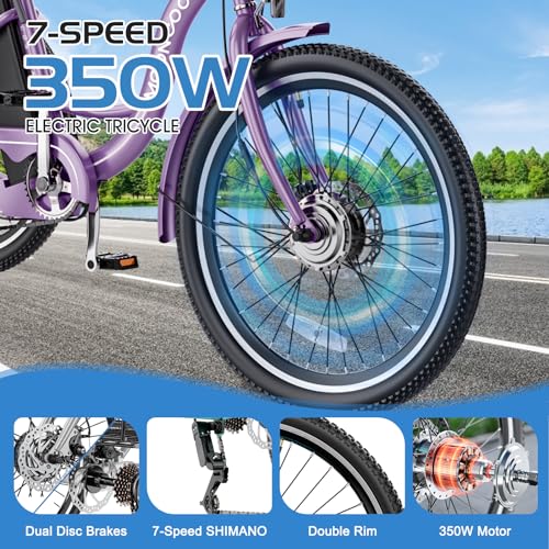 350W 36V 7 Speeds 3 Wheels Electric Tricycle with Large Basket W398