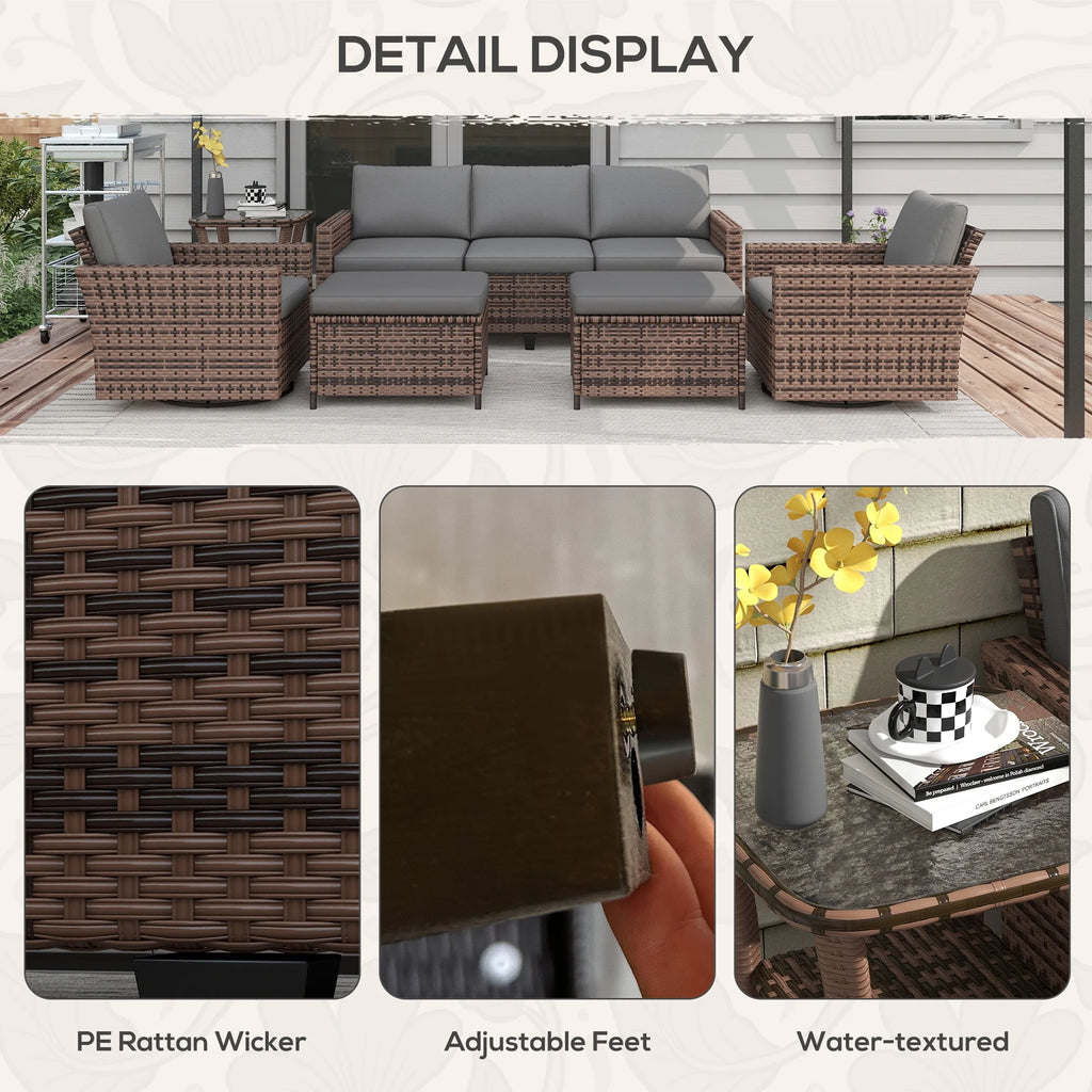 6pc Patio Furniture Set with Couch, Swivel Rocking Chairs, Brown T53600