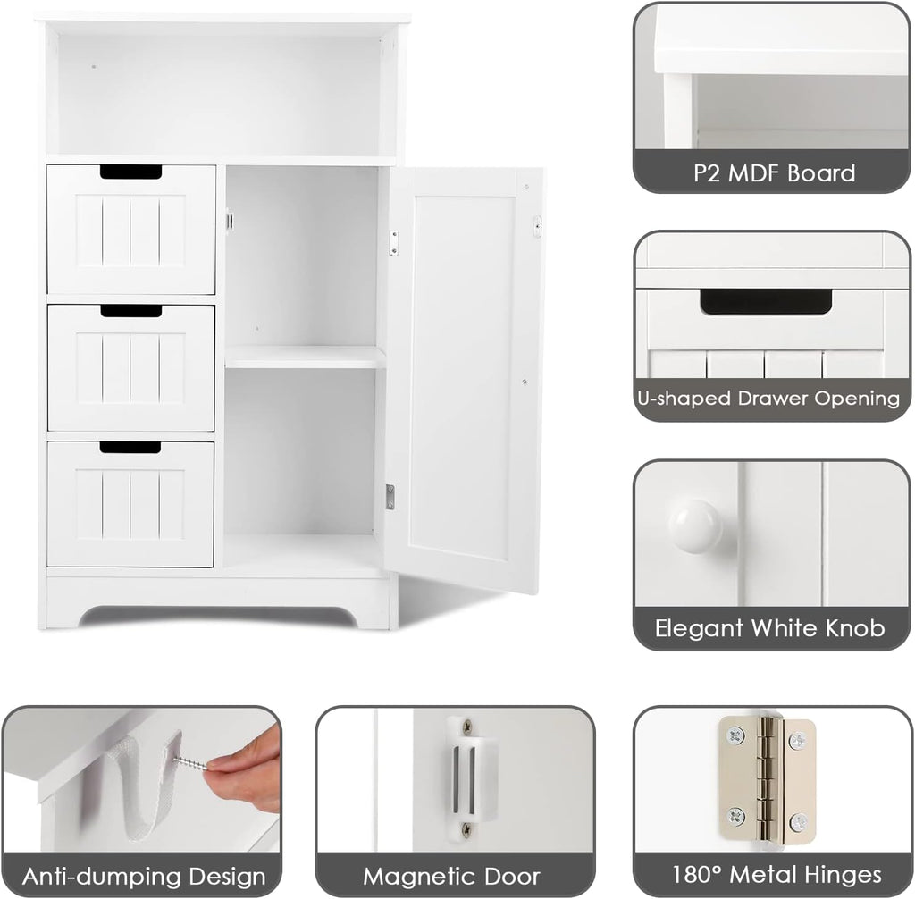 White Wood Bathroom Floor Cabinet with 3 Drawers and 1 Door I82588