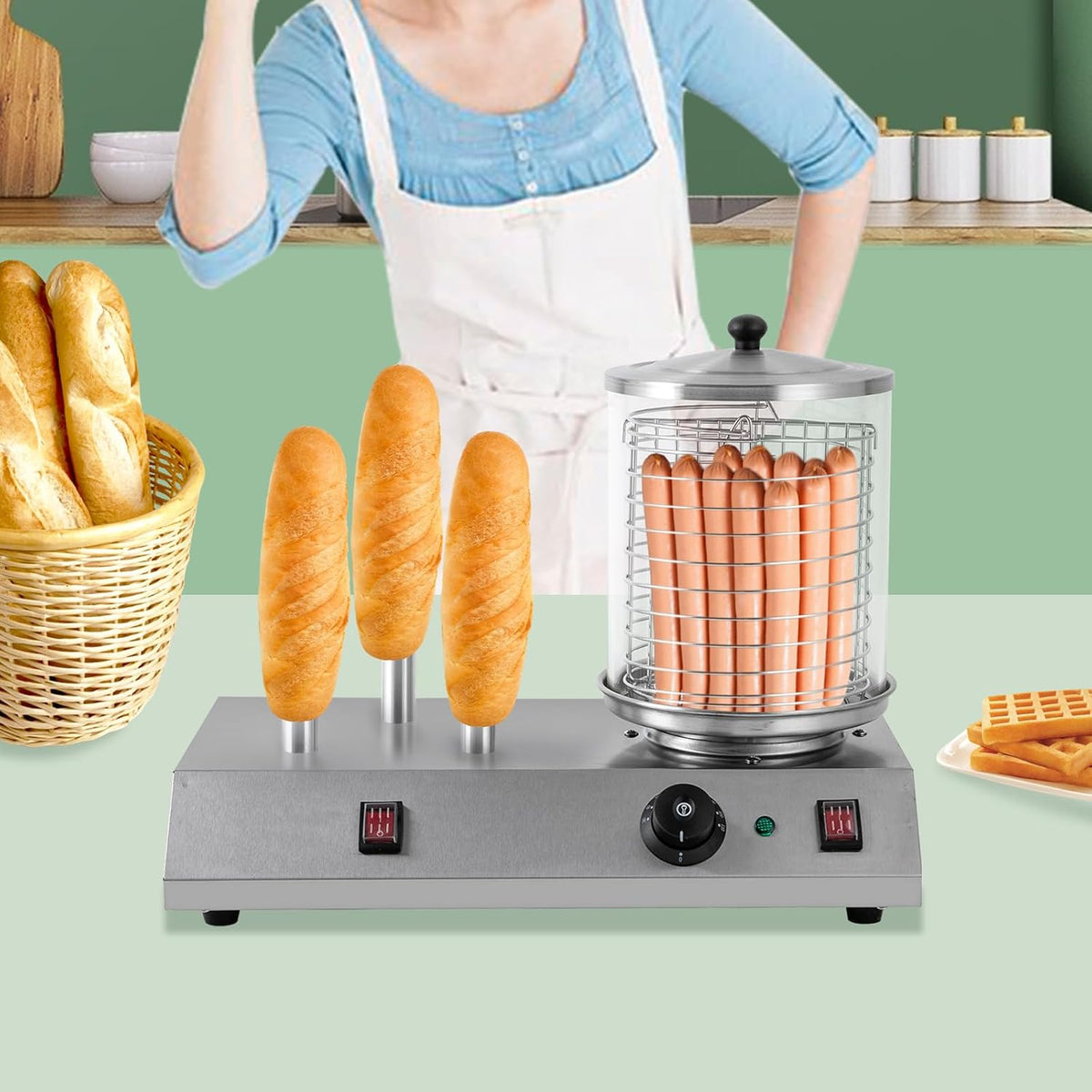 Electric Hot Dog Steamer & Bun Warmer Stainless Steel Portable Commercial 86-230℉ 19.72x10.94x14.57in U903959