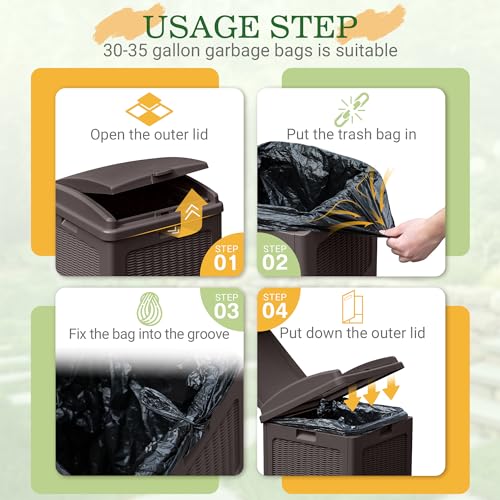 33 Gallon Dark Brown Outdoor Trash Can with Lid D9875