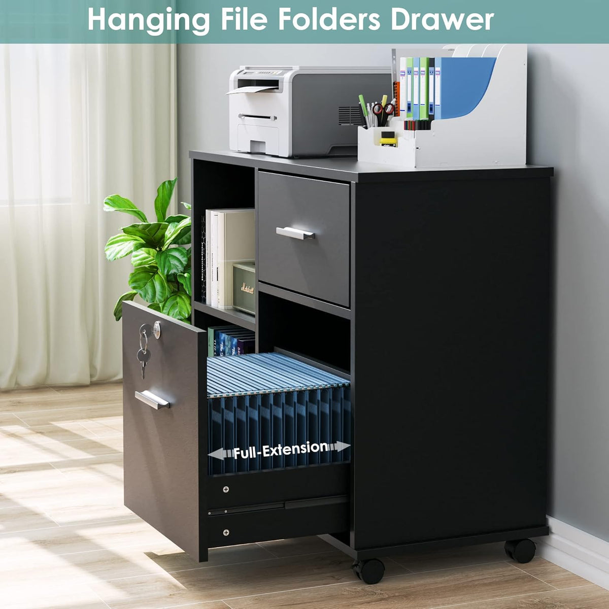 Black Wood Lateral File Cabinet with Lock M8275