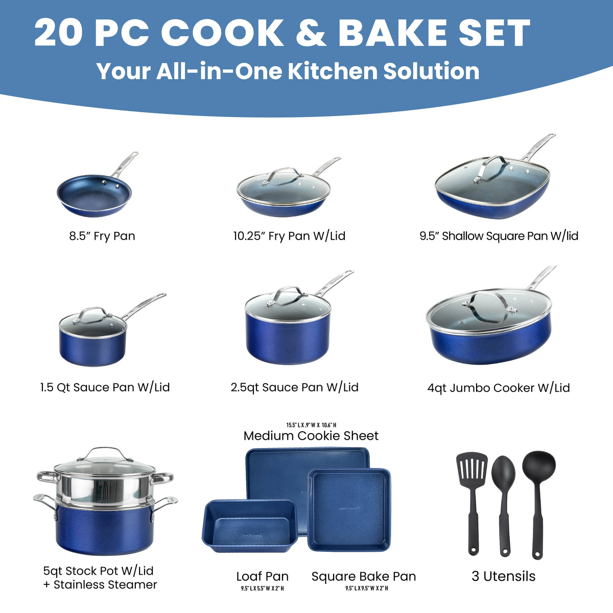 20 Piece Nonstick Cookware Bakeware Set Blue X9074