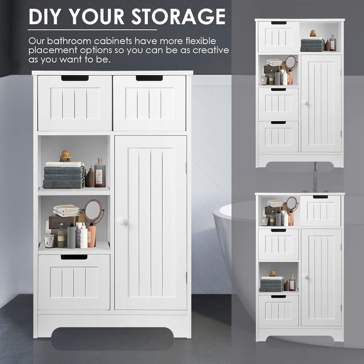 White Wood Bathroom Floor Cabinet with 3 Drawers and 1 Door I82588