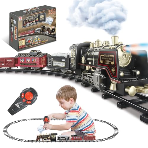 Remote Control Steam Locomotive Toy Train with Smoke, Lights, Sound & Tracks C83623