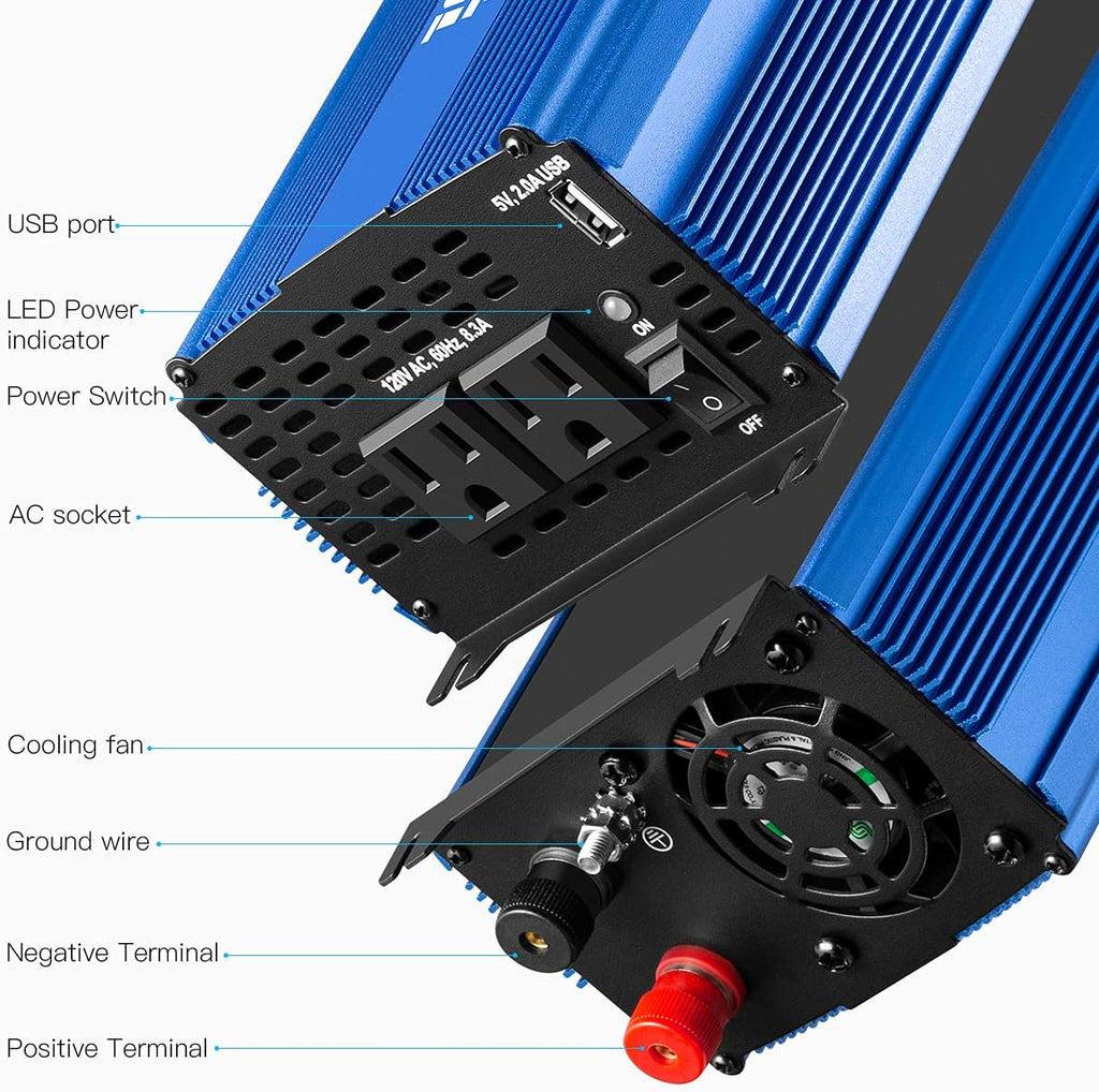 3000W Pure Sine Wave Power Inverter 12V DC to 110V AC with 4 AC Outlets 2 USB Ports H733