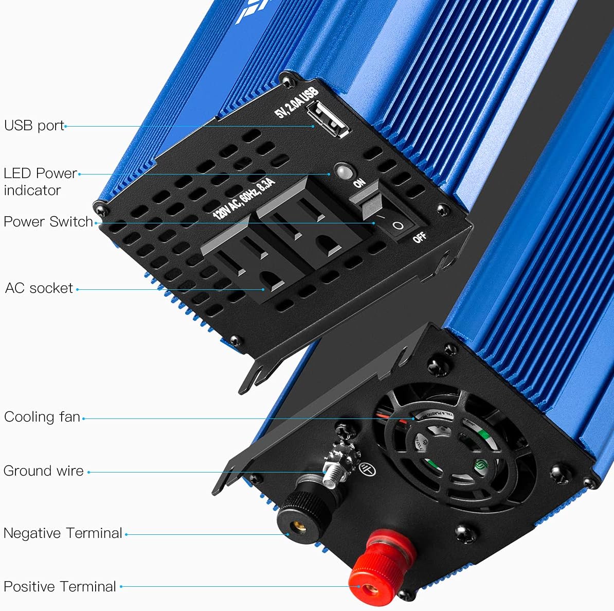 3000W Pure Sine Wave Power Inverter 12V DC to 110V AC with 4 AC Outlets 2 USB Ports H733