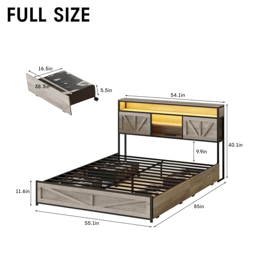Queen Size Bed Frame with 4 Drawers LED Light and Headboard Storage Shelves, Wash Grey M85624