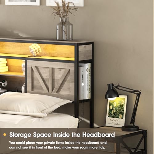 Queen Size Bed Frame with 4 Drawers LED Light and Headboard Storage Shelves, Wash Grey M85624