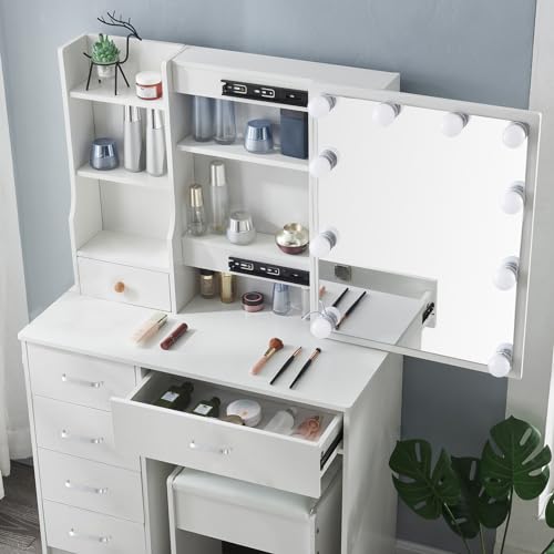 Makeup Vanity Desk with Lighted Mirror, 6 Drawers, and Upholstered Stool L9267