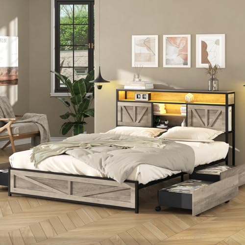 Queen Size Bed Frame with 4 Drawers LED Light and Headboard Storage Shelves, Wash Grey M85624