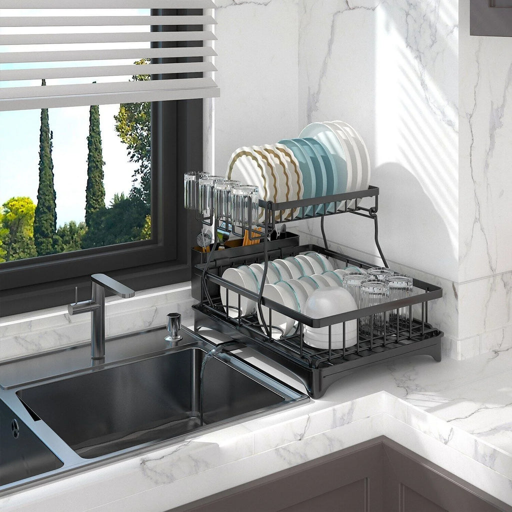 2 Tier Stainless Steel Dish Rack with Drainer A640