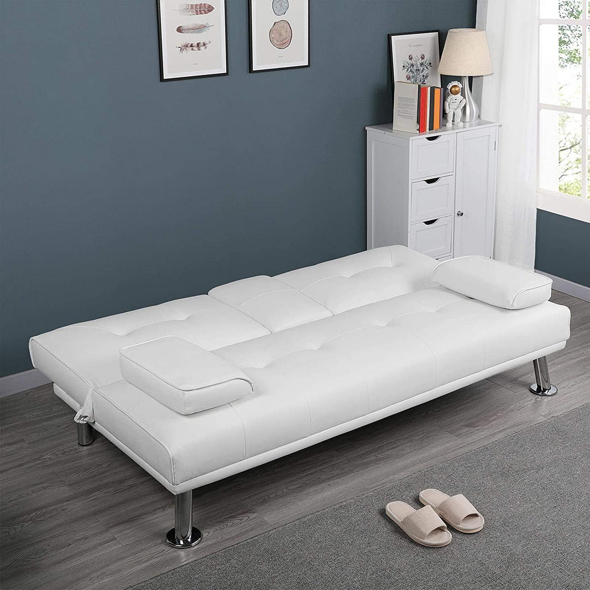 White Faux Leather Futon Set Convertible Sleeper Loveseat Daybed C815794