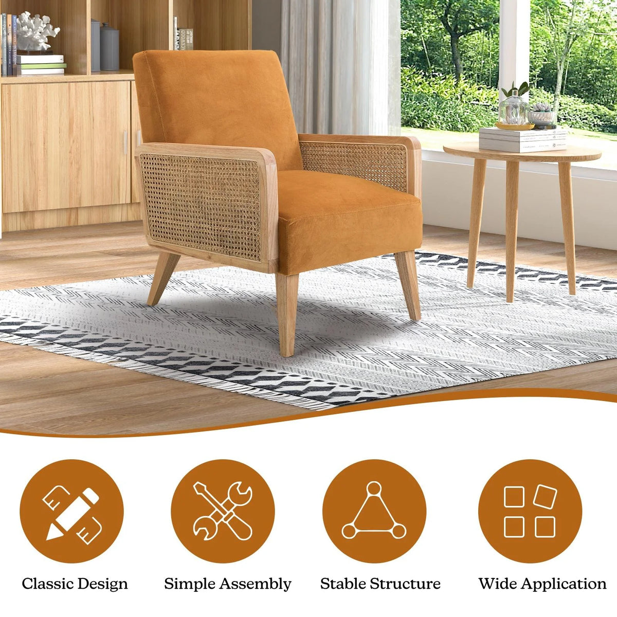Yellow Fabric Upholstered Accent Chair with Rattan Armrests Z44437