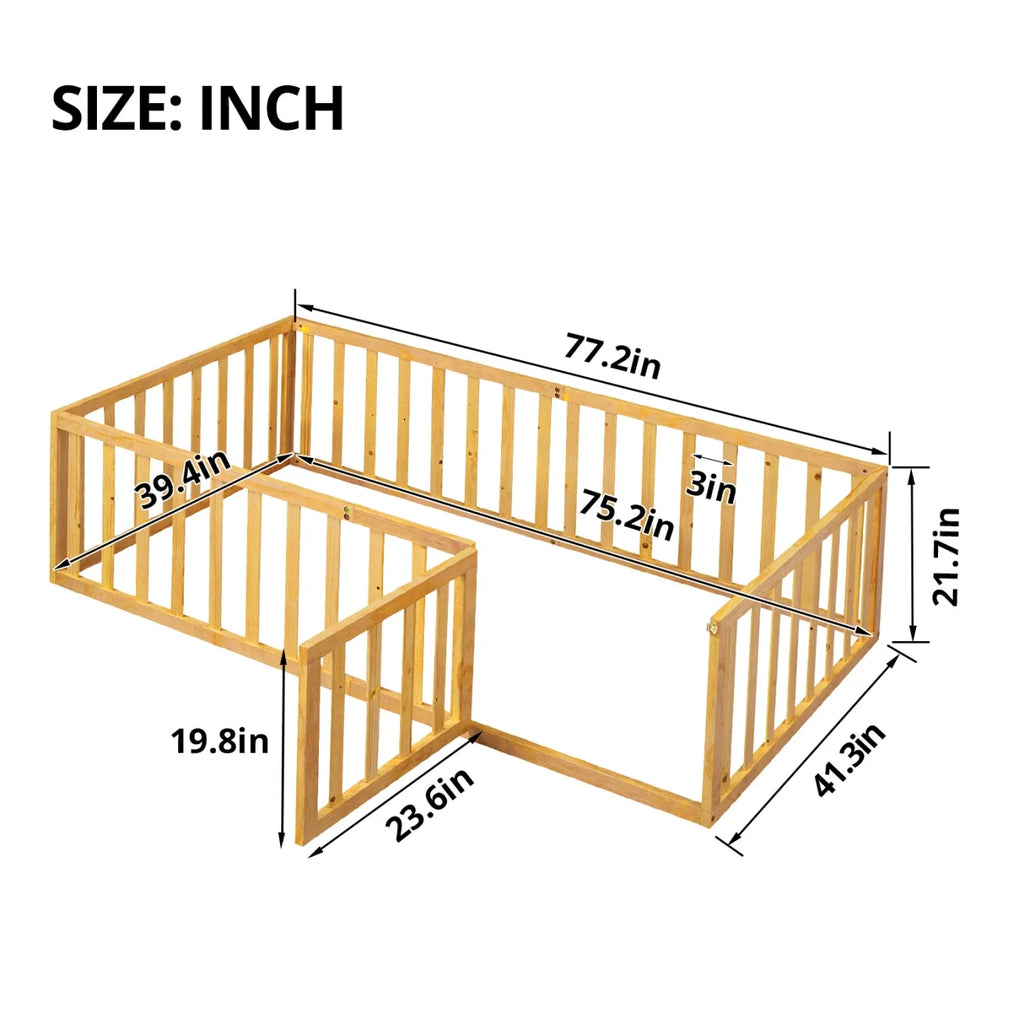 Twin Solid Wood Floor Bed Frame with Door & Safety Guardrails D257