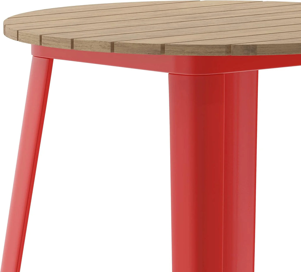 Indoor/Outdoor Bar Top Table 30" Round Brown Resin Top Red Steel Base U8265