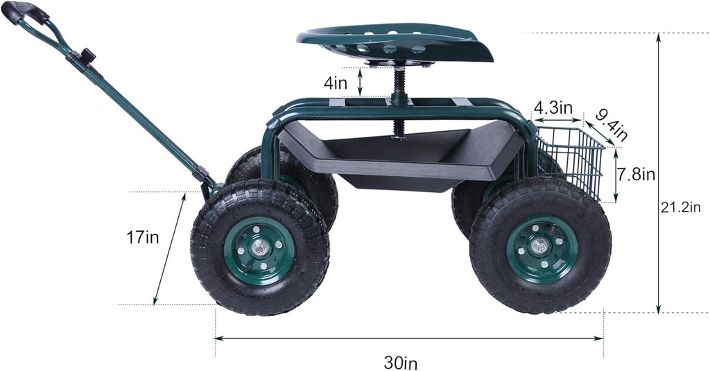 Green Steerable Garden Stool Cart with Tool Tray and Storage Basket on Wheels W83847