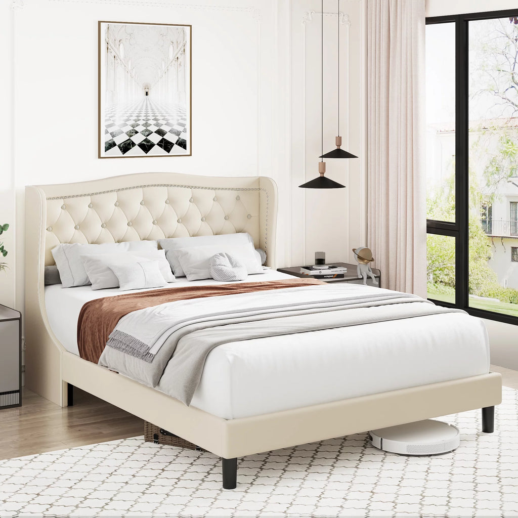 King Bed Frame with Wing-Back Button Tufted Upholstered Headboard D2126