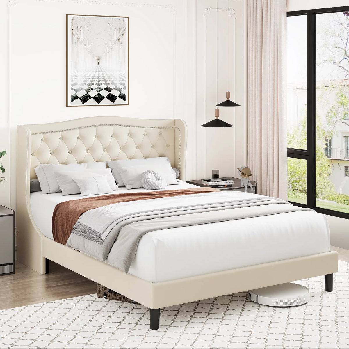 King Bed Frame with Wing-Back Button Tufted Upholstered Headboard D2126