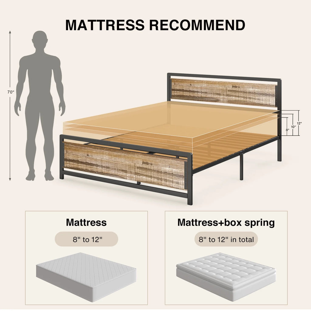 Queen Size Metal Platform Bed Frame with Wooden Headboard Footboard A44853
