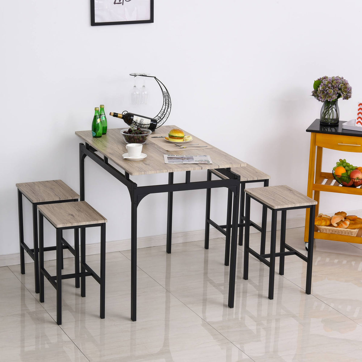 5 Piece Kitchen Table and 4 Stools Dining Set with Metal Legs G8596