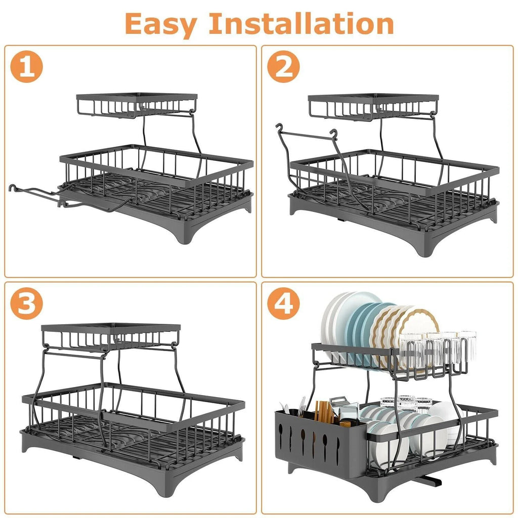 2 Tier Stainless Steel Dish Rack with Drainer A640