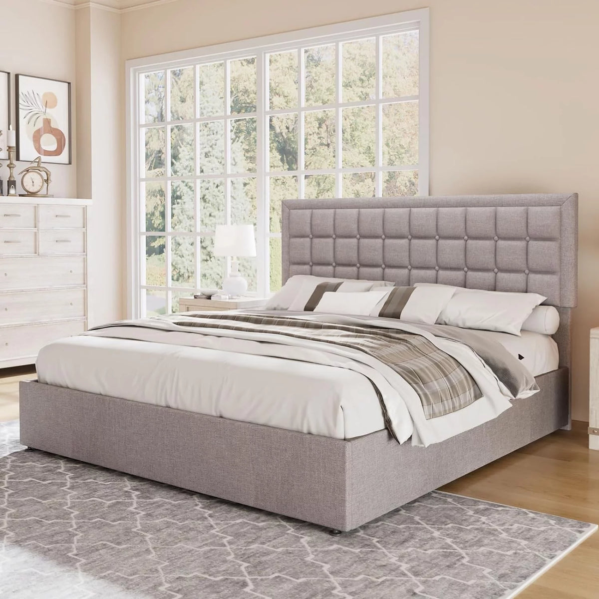 Queen Size Light Grey Upholstered Storage Bed Frame K972
