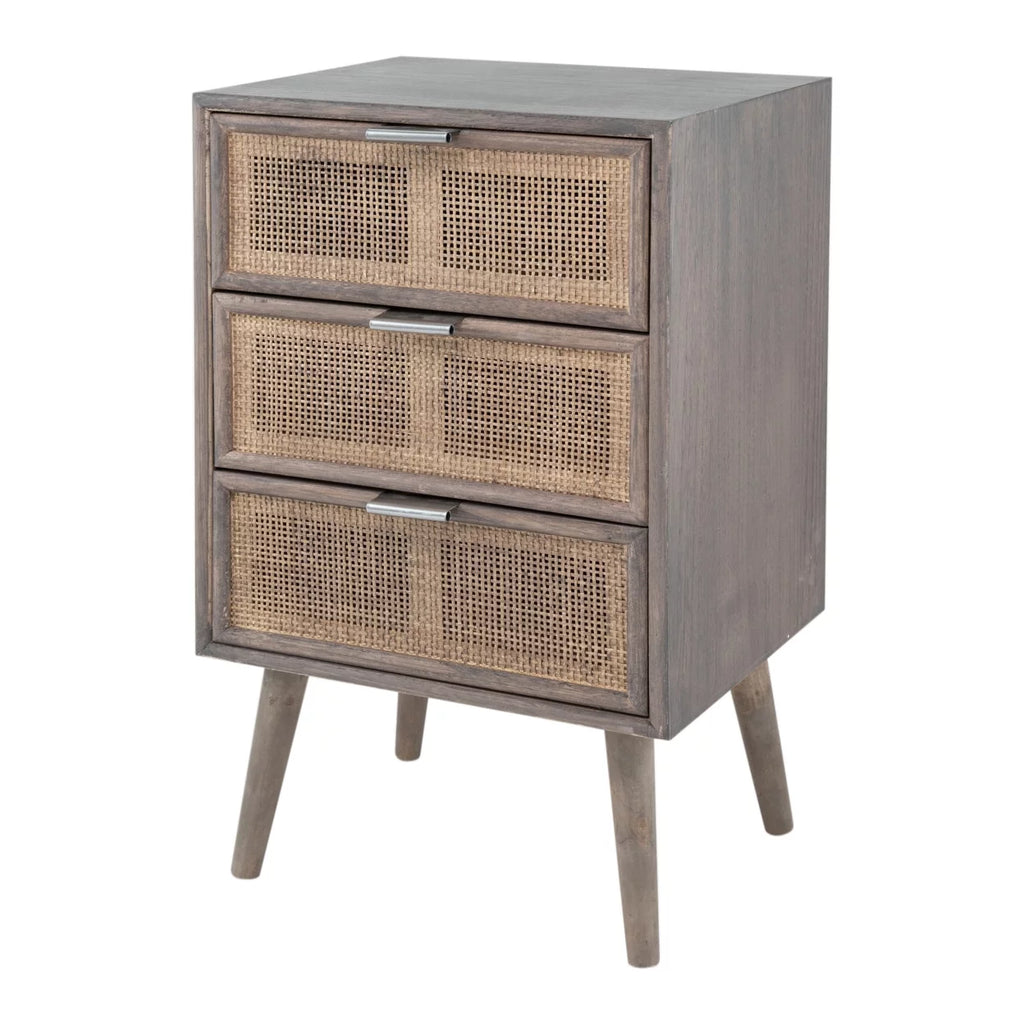 28 Inch 3 Drawer Pine Wood Rattan Dresser J18365