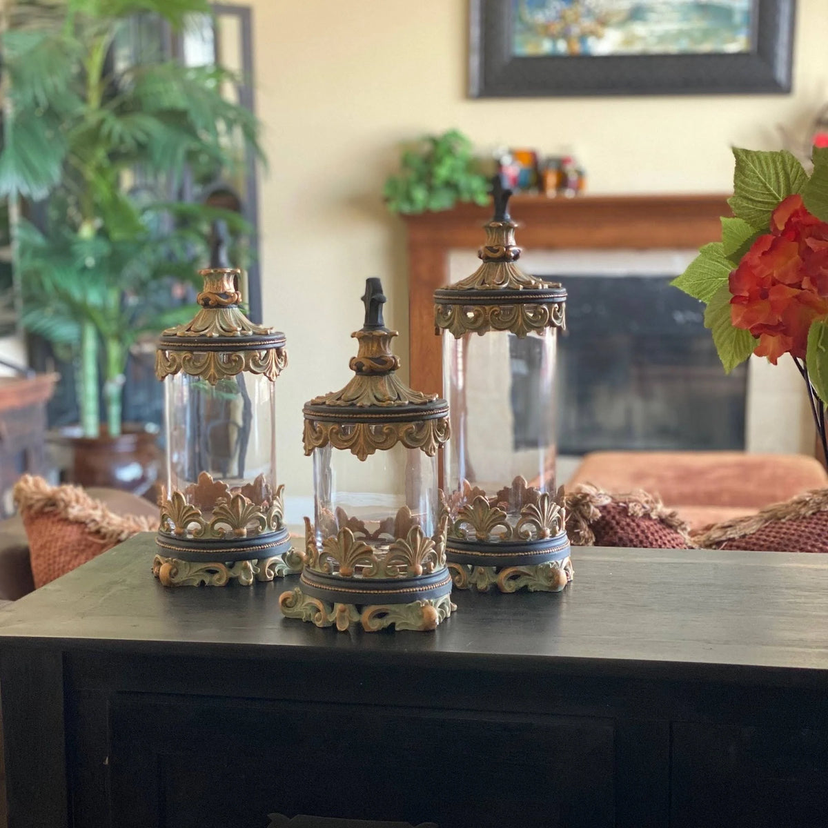 Antiqued Gold 3-Piece Glass Cylinder Canister Set K408497
