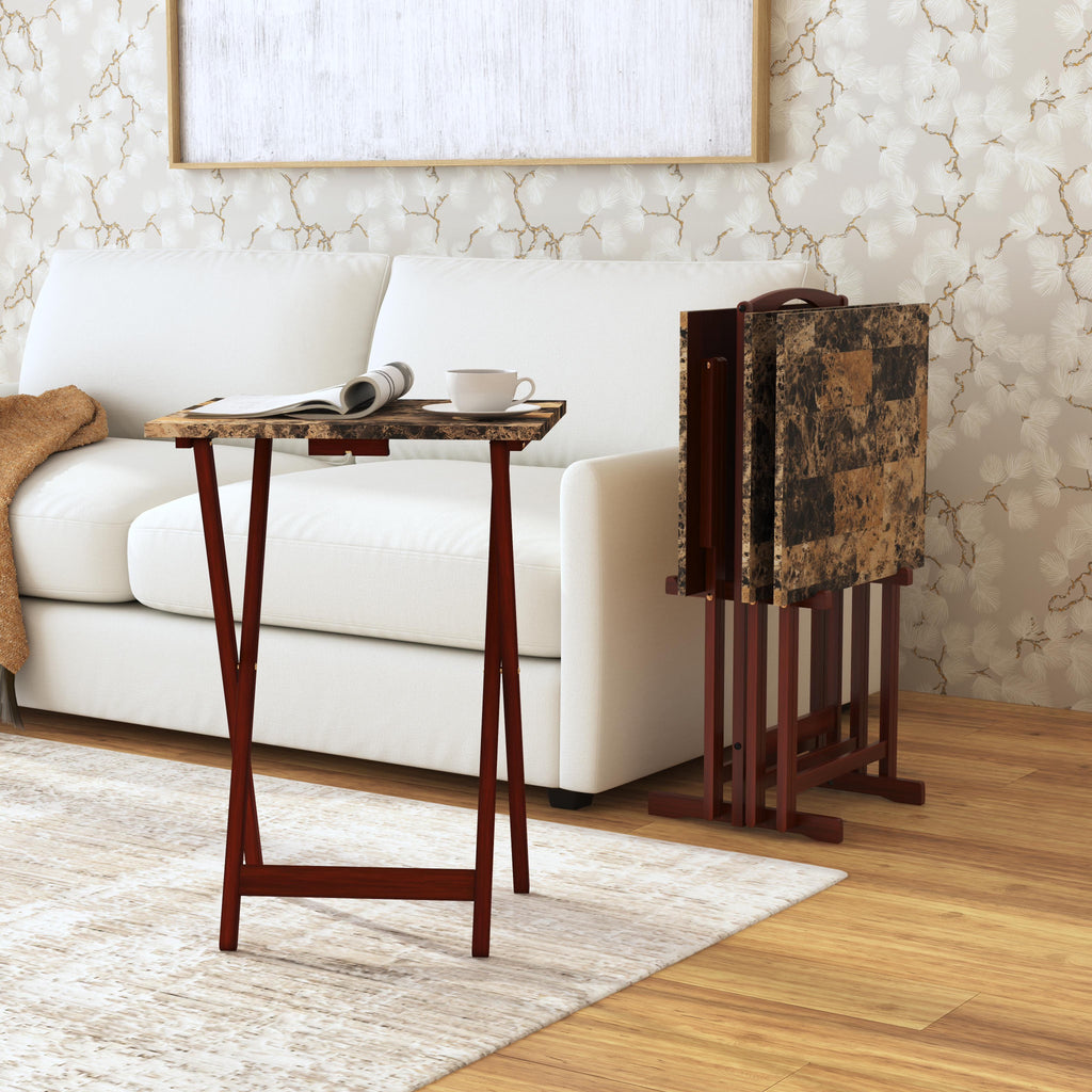 5-piece Faux Marble Folding Snack Tray Table Set I720787