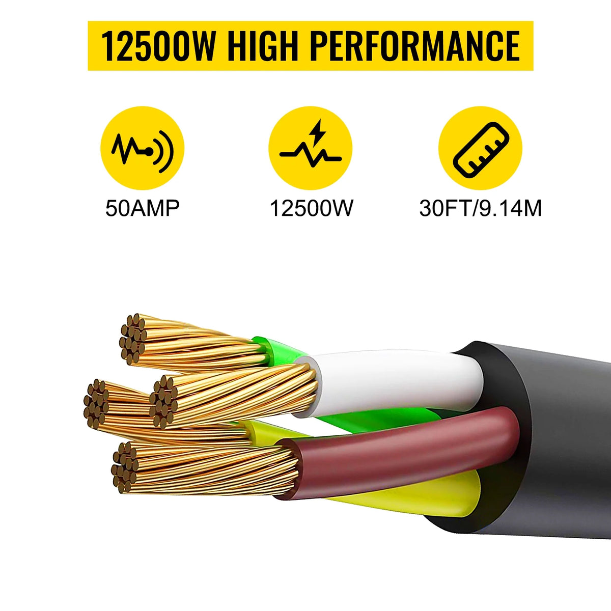 30' 50A RV Power Cord 6/3 + 8/1 AWG NEMA 14-50P to Bare Wire D120