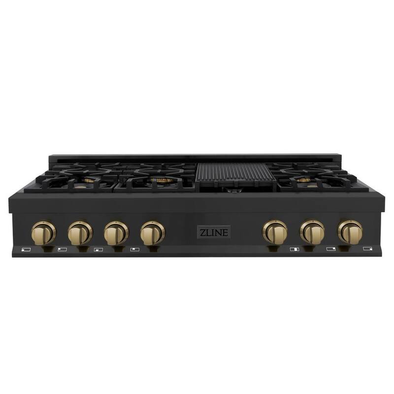 48 in. 7 Burner Gas Cooktop with Champagne Bronze Knobs in Black Stainless Steel P9209