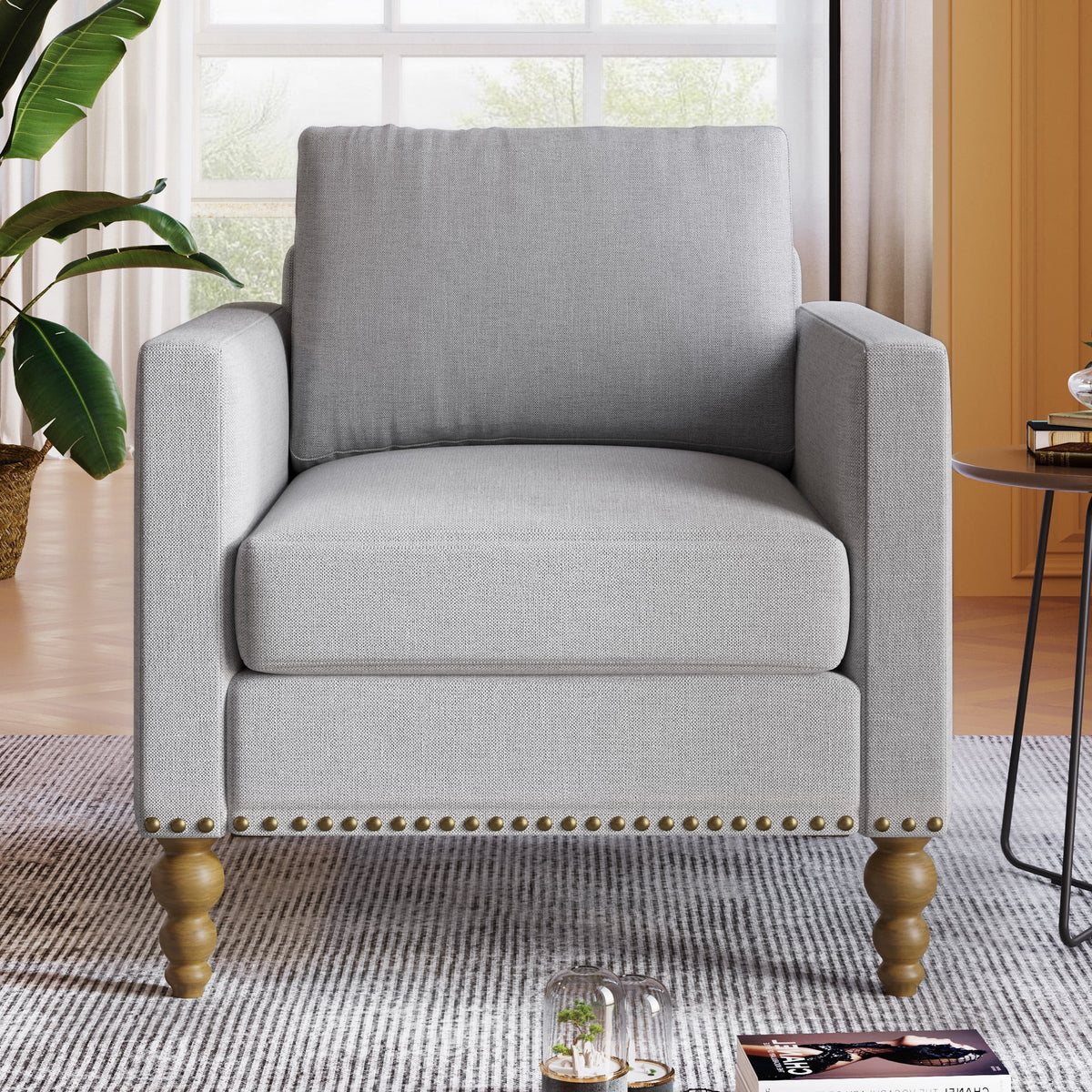 Light Gray Linen Armchair with Wooden Legs C64536