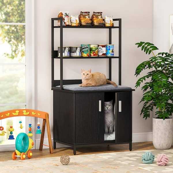 Black Litter Box Enclosure with Shelves and Doors P872039