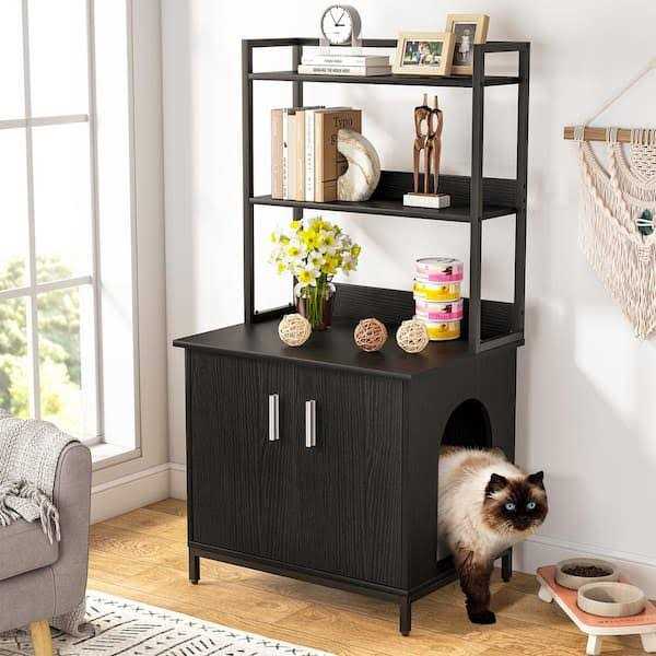 Black Litter Box Enclosure with Shelves and Doors P872039