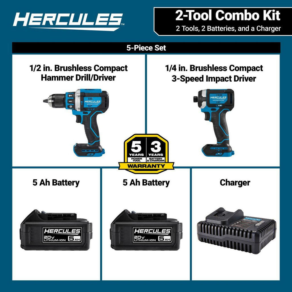 20V Brushless Cordless Hammer Drill and Impact Driver 2-Tool Combo Kit with 5 Ah Batteries and Charger G877