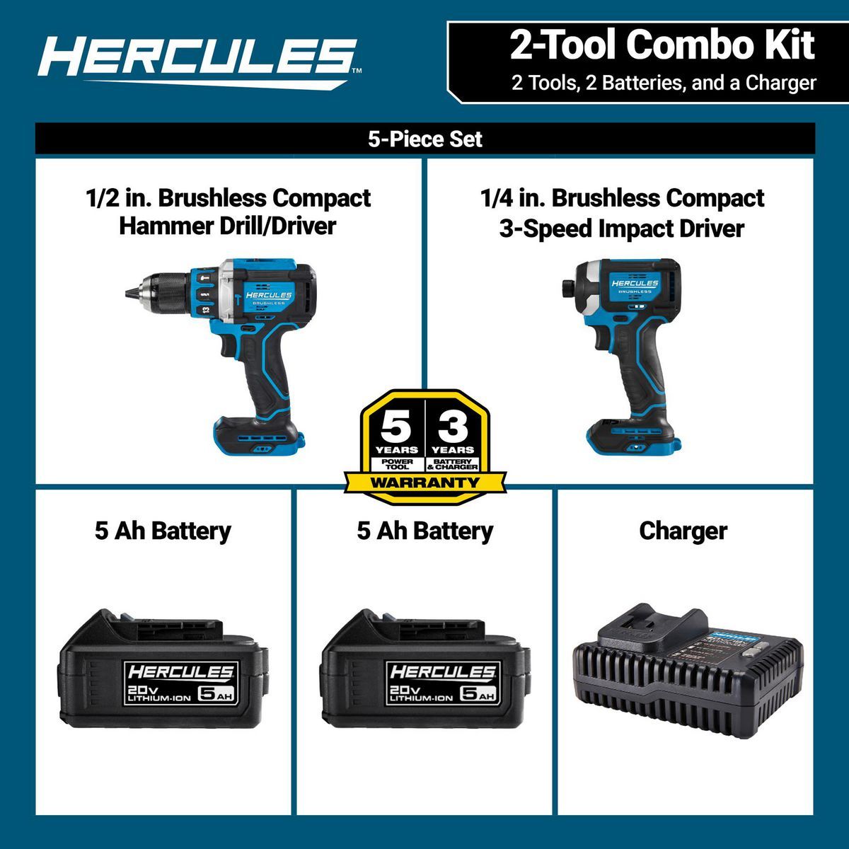 20V Brushless Cordless Hammer Drill and Impact Driver 2-Tool Combo Kit with 5 Ah Batteries and Charger G877