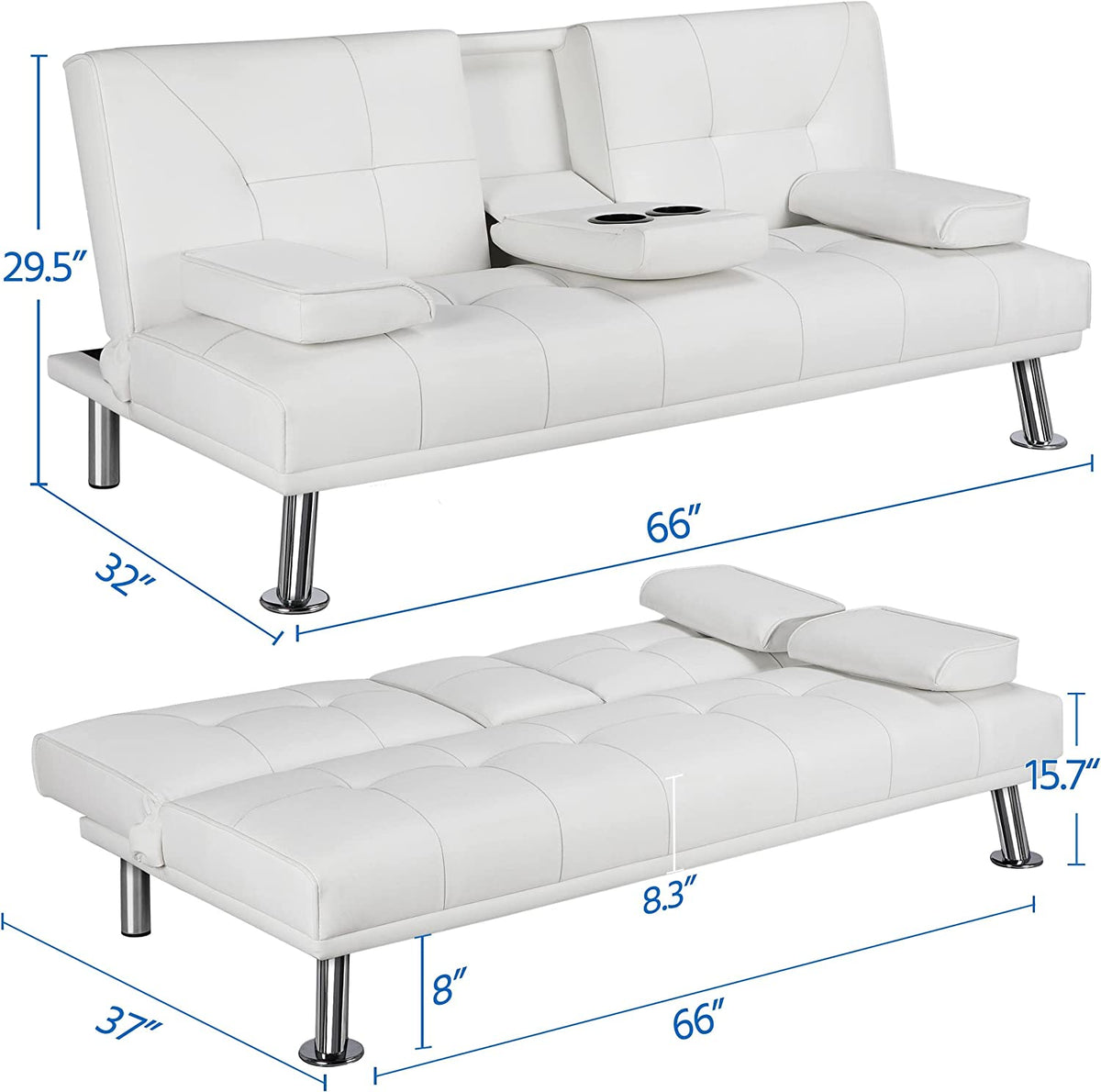 White Faux Leather Futon Set Convertible Sleeper Loveseat Daybed C815794