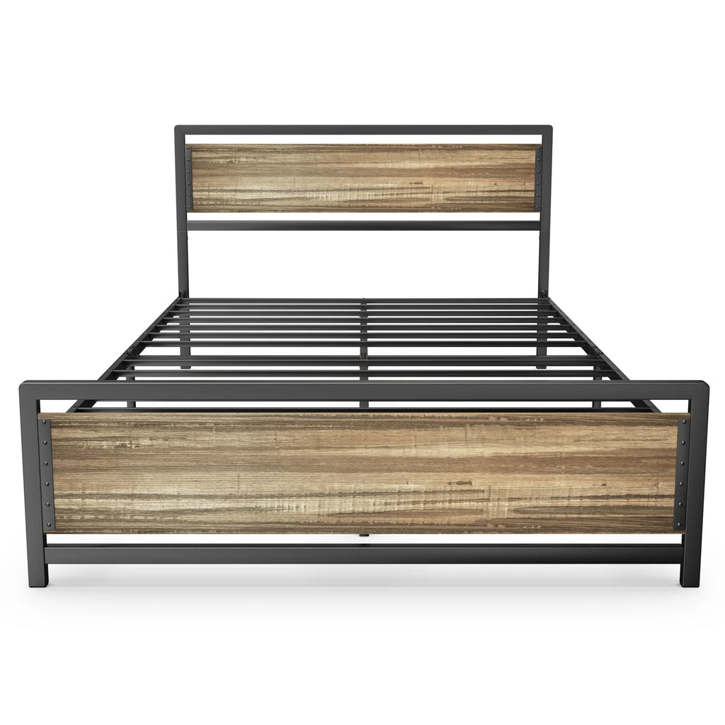 Queen Size Metal Platform Bed Frame with Wooden Headboard Footboard A44853