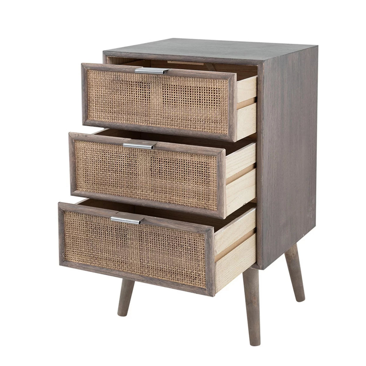 28 Inch 3 Drawer Pine Wood Rattan Dresser J18365