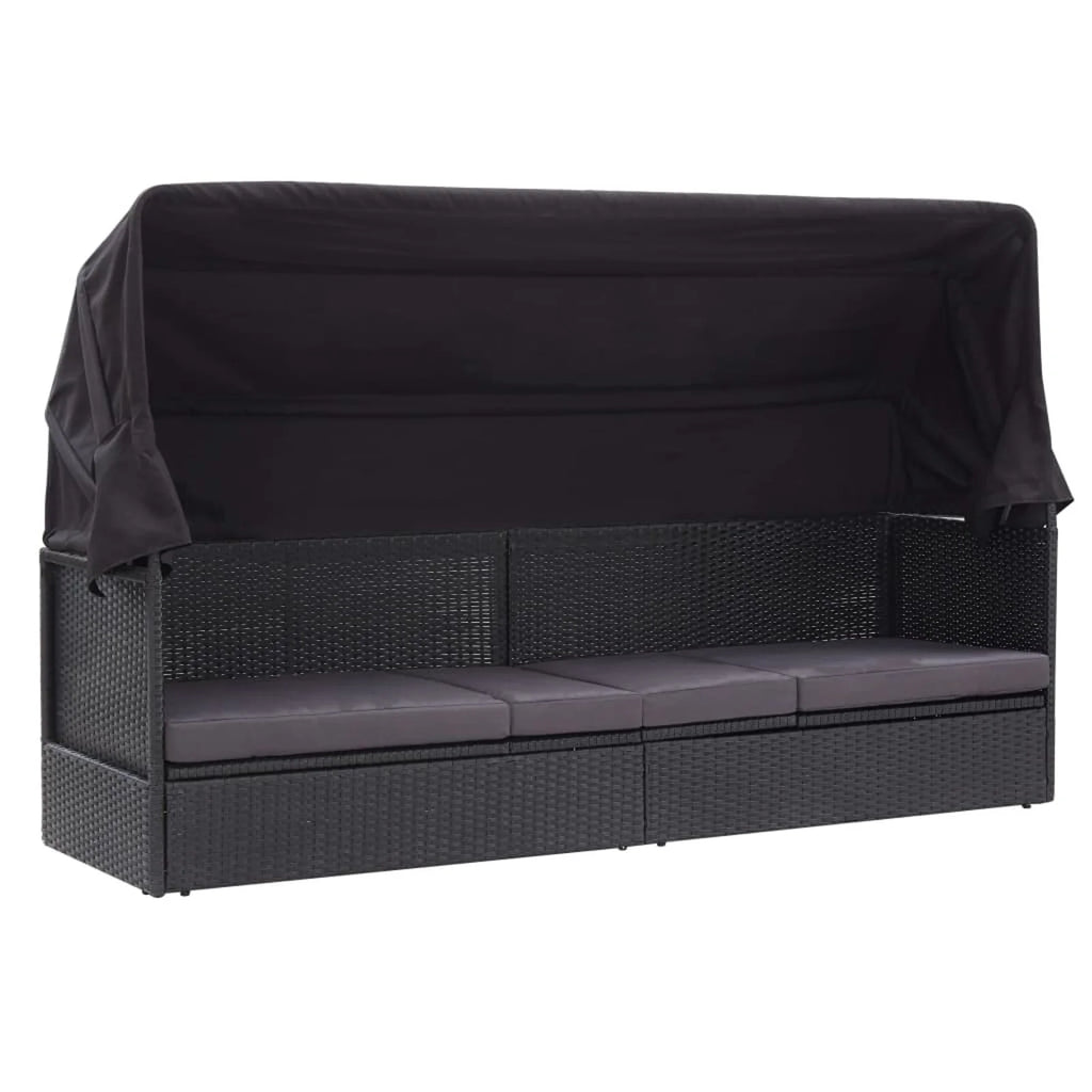 Black Poly Rattan Sun Lounger with Canopy and Cushion O622