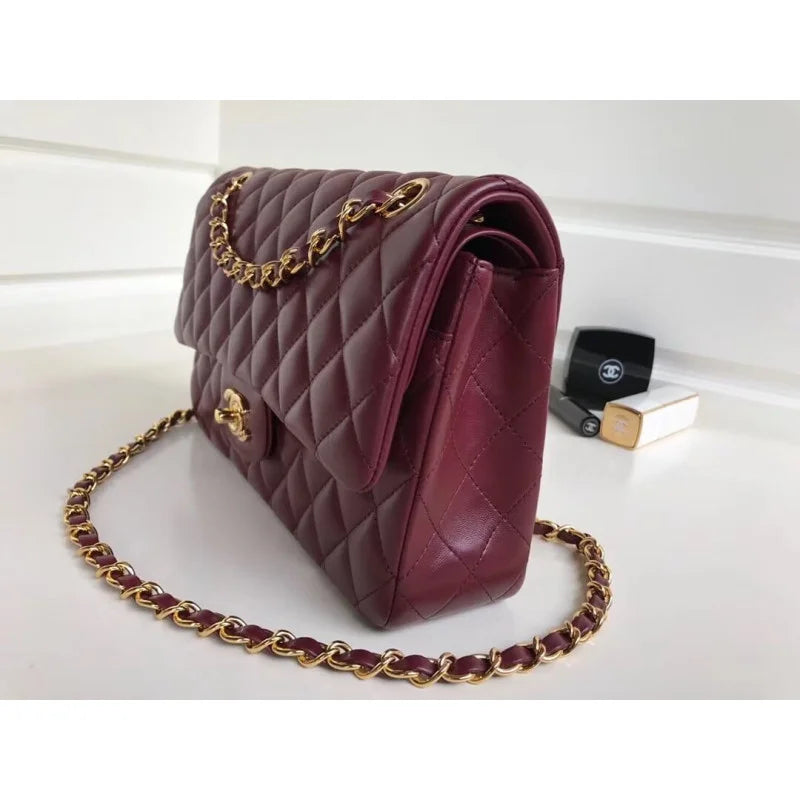 Burgundy Lambskin Leather Flap Bag T203