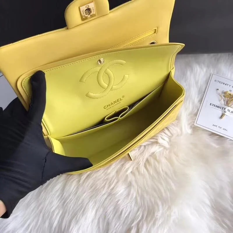 Yellow Medium Lambskin Leather Flap Bag Q55374