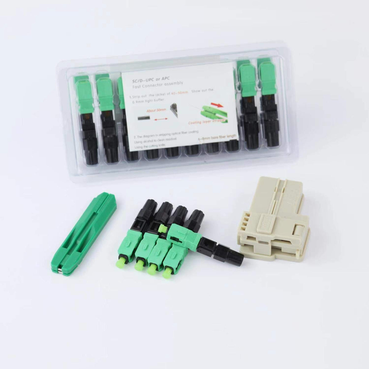 100pcs SC APC Fiber Optic Quick Connector with Matched Tools, Single Mode SM 9/125 Mechanical Fast Connectors R559