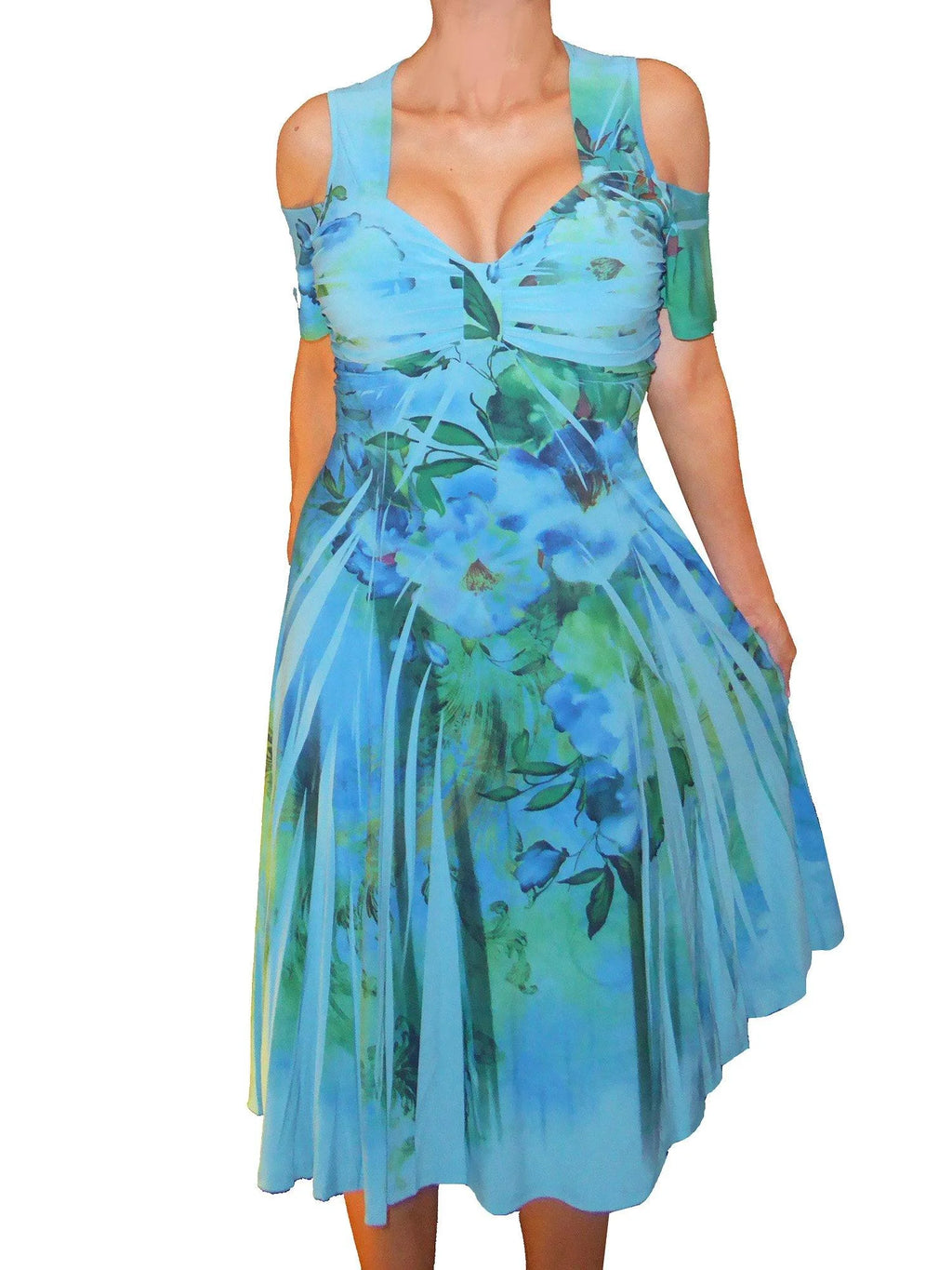Blue Floral Cold Open Shoulders Cocktail Dress T1506
