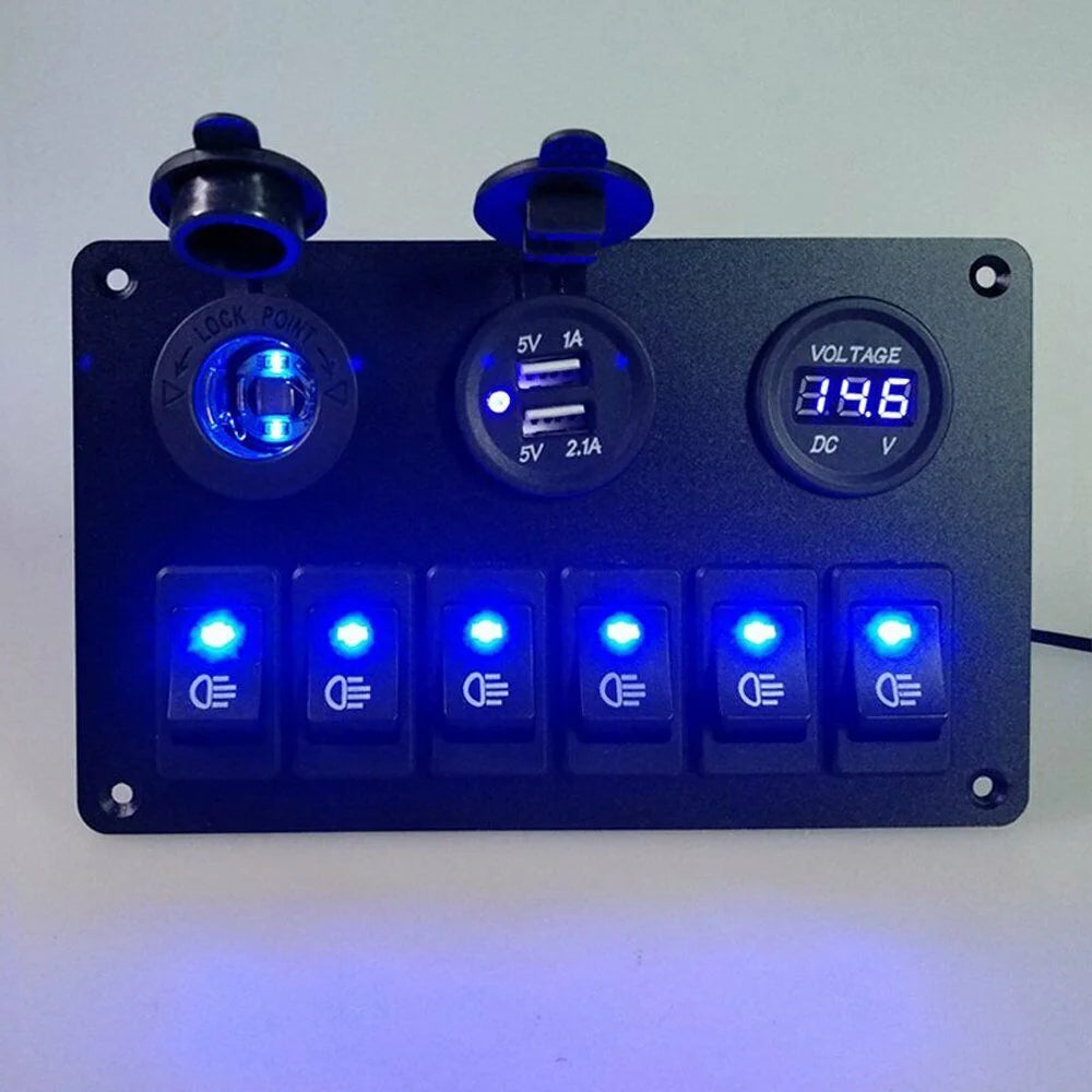 6 Gang Blue LED Waterproof Rocker Switch Panel C360613