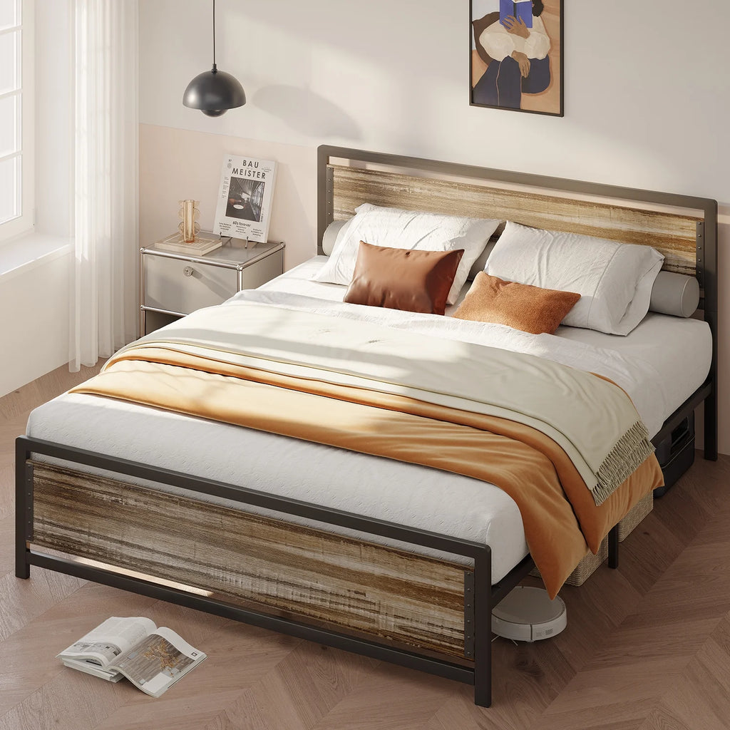Queen Size Metal Platform Bed Frame with Wooden Headboard Footboard A44853